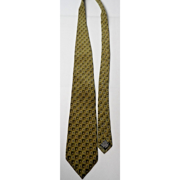 Vtg Oscar De La Renta Mens Silk Neck Tie Geometric Squares Green Neutral Italy - Picture 6 of 12